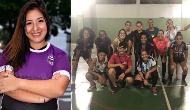 Mulher, à esquerda; time de futebol, à direita