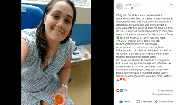 Print screen da tela em que Jaisa publicou foto com texto de agradecimento