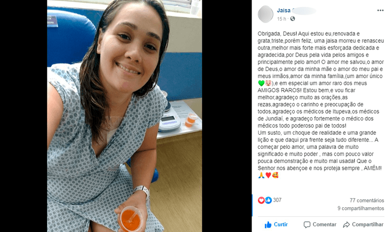 Print screen da tela em que Jaisa publicou foto com texto de agradecimento
