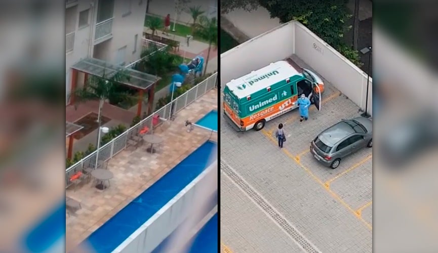 Funcionários paramentados com máscaras, luvas e roupas especiais levaram paciente até hospital