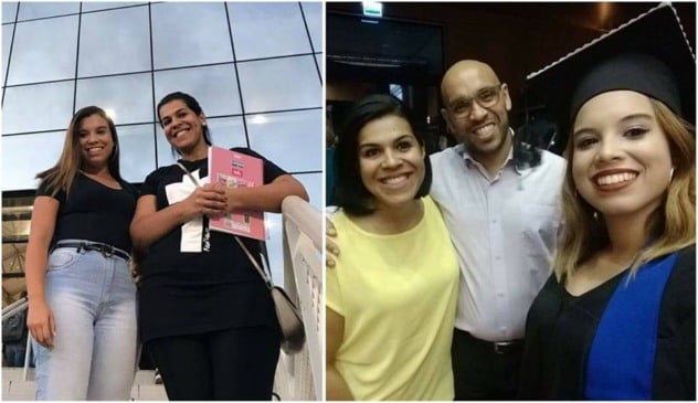 Foto de mulheres com caderno, à direita; foto de família, à esquerda