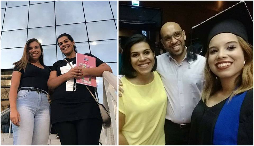 Foto de mulheres com caderno, à direita; foto de família, à esquerda