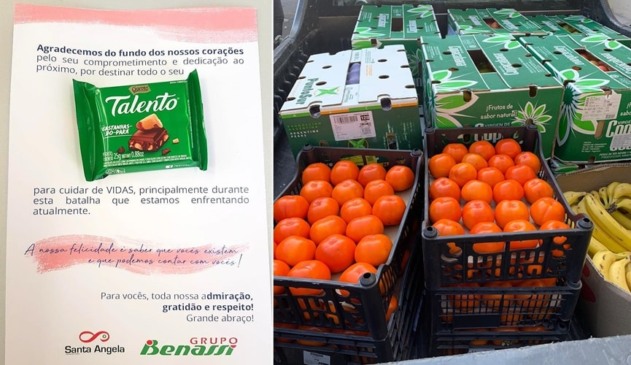 Foto de bilhete, à direita; foto de caixas de fruta, à esquerda