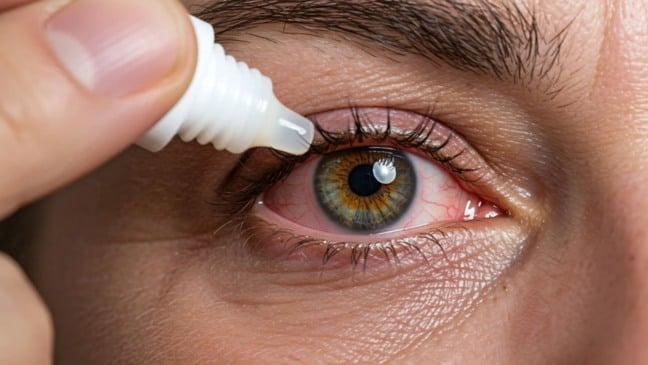 Colírio sendo pingado em olho.