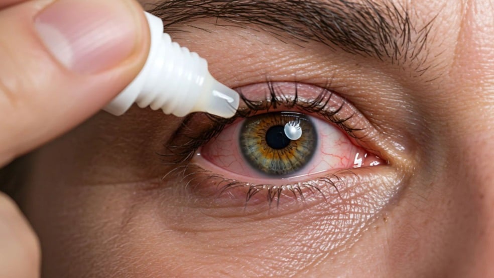 Colírio sendo pingado em olho.