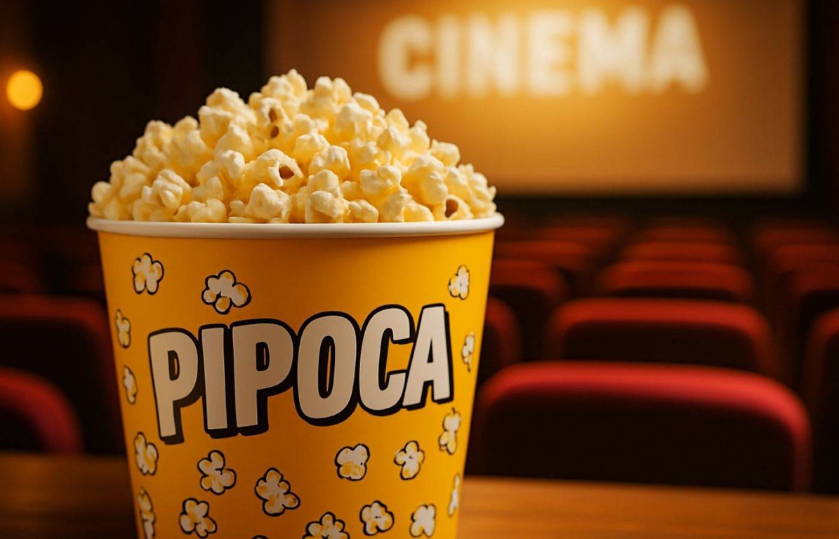 Balde amarelo de pipoca em destaque com a palavra “PIPOCA”, em sala de cinema; imagem remete ao segredo da pipoca de cinema. Balde amarelo de pipoca em destaque com a palavra “PIPOCA”, em sala de cinema; imagem remete ao segredo da pipoca de cinema.