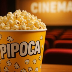 Balde amarelo de pipoca em destaque com a palavra “PIPOCA”, em sala de cinema; imagem remete ao segredo da pipoca de cinema.