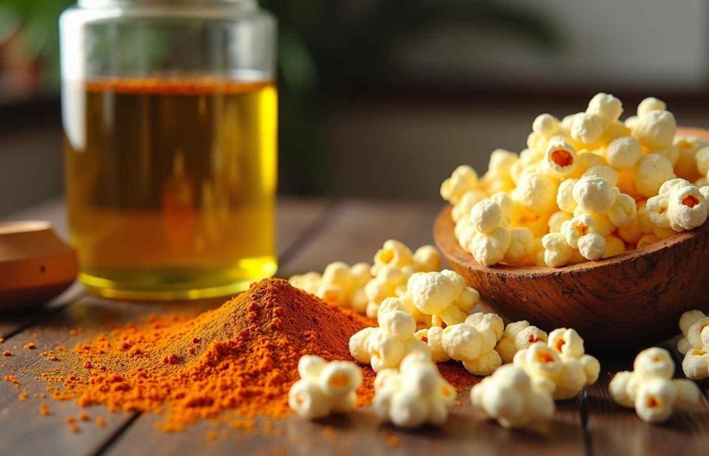 Flavacol, óleo de coco e pipoca sobre mesa rústica ao ar livre, revelando os ingredientes do segredo da pipoca de cinema.