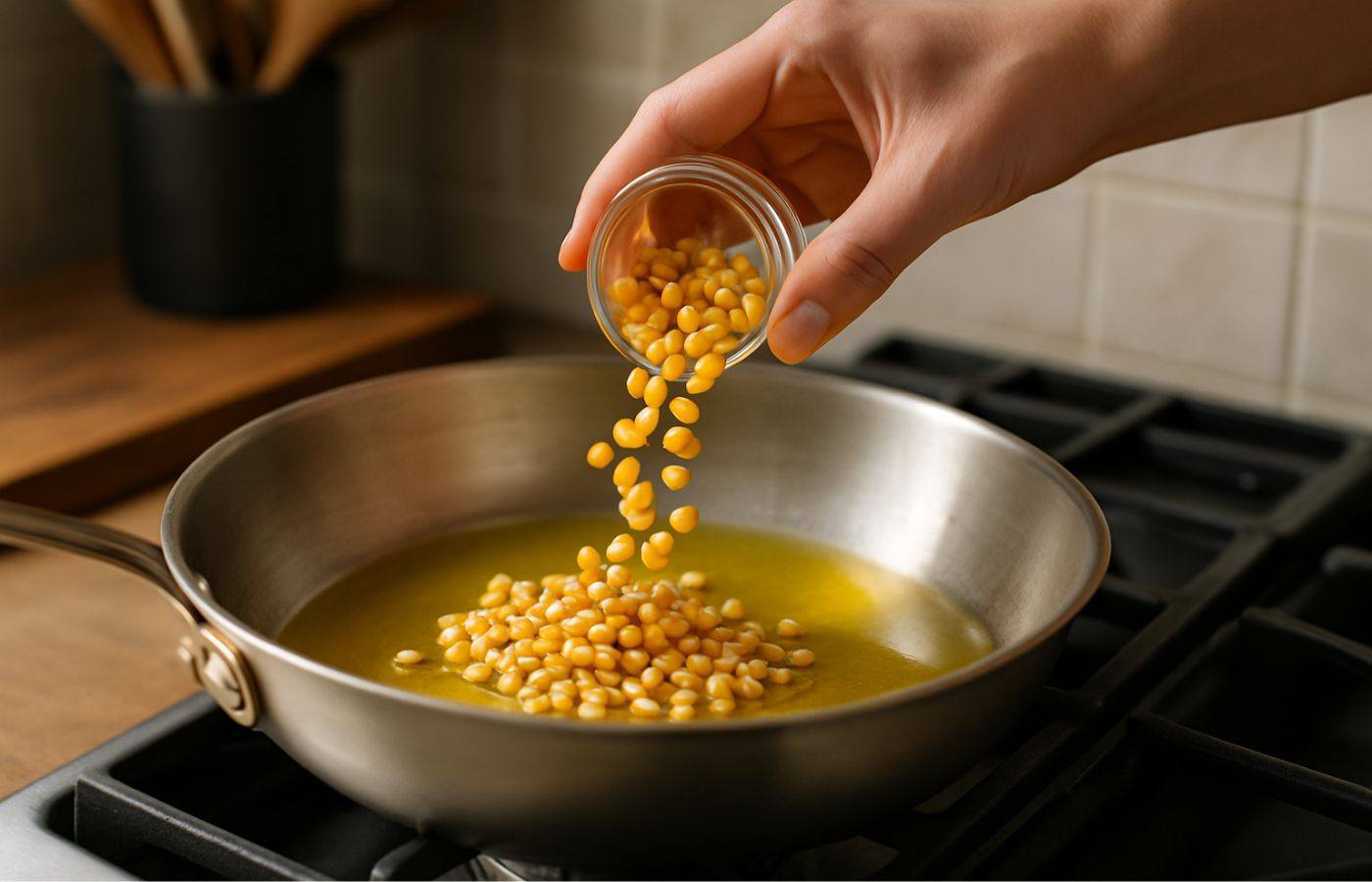 Milho sendo despejado em óleo amarelo em panela no fogão, ilustrando o início do preparo com o segredo da pipoca de cinema.