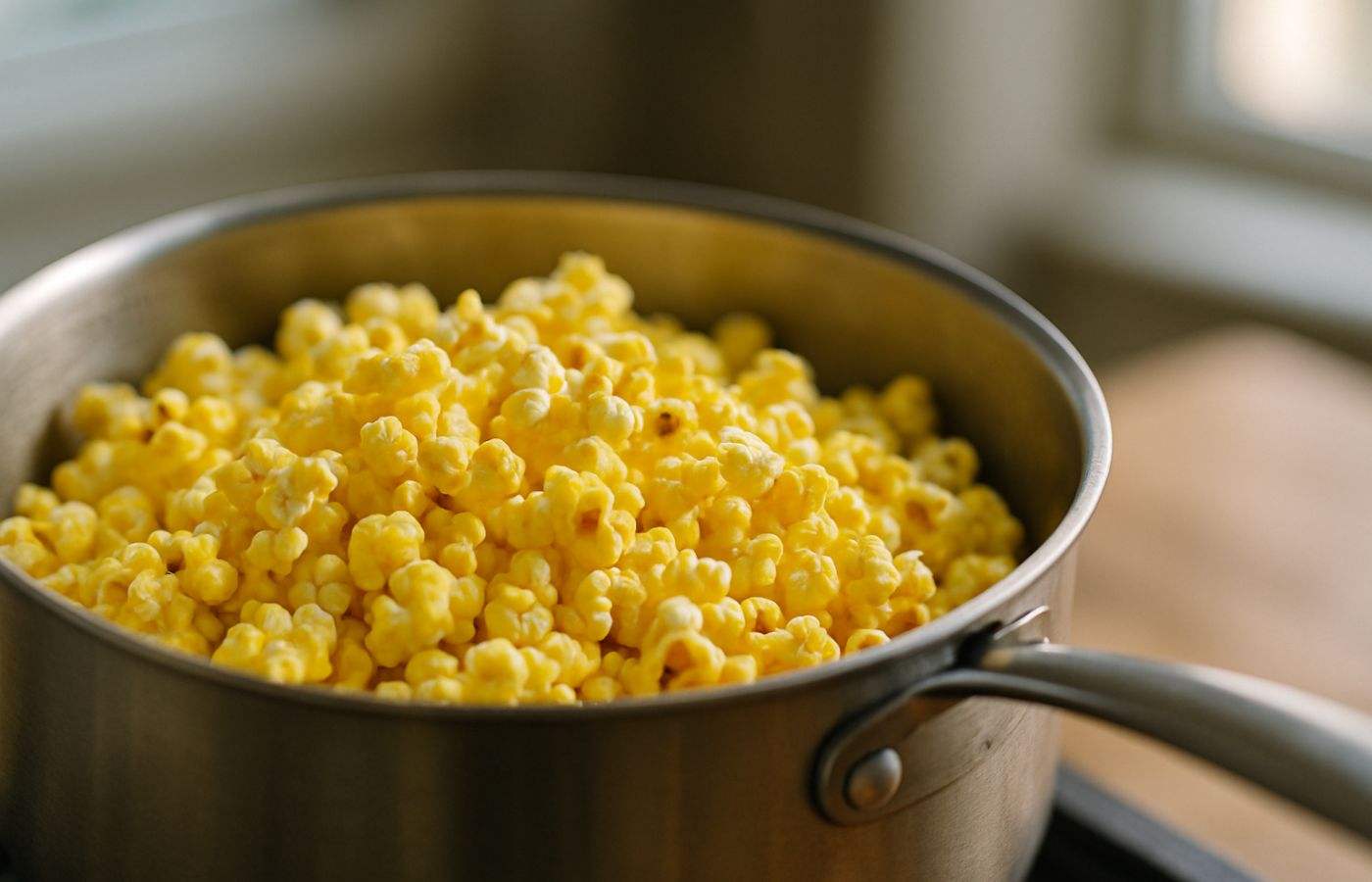 Panela cheia de pipoca amarelinha recém-feita no fogão, ilustrando o preparo com o segredo da pipoca de cinema em casa.