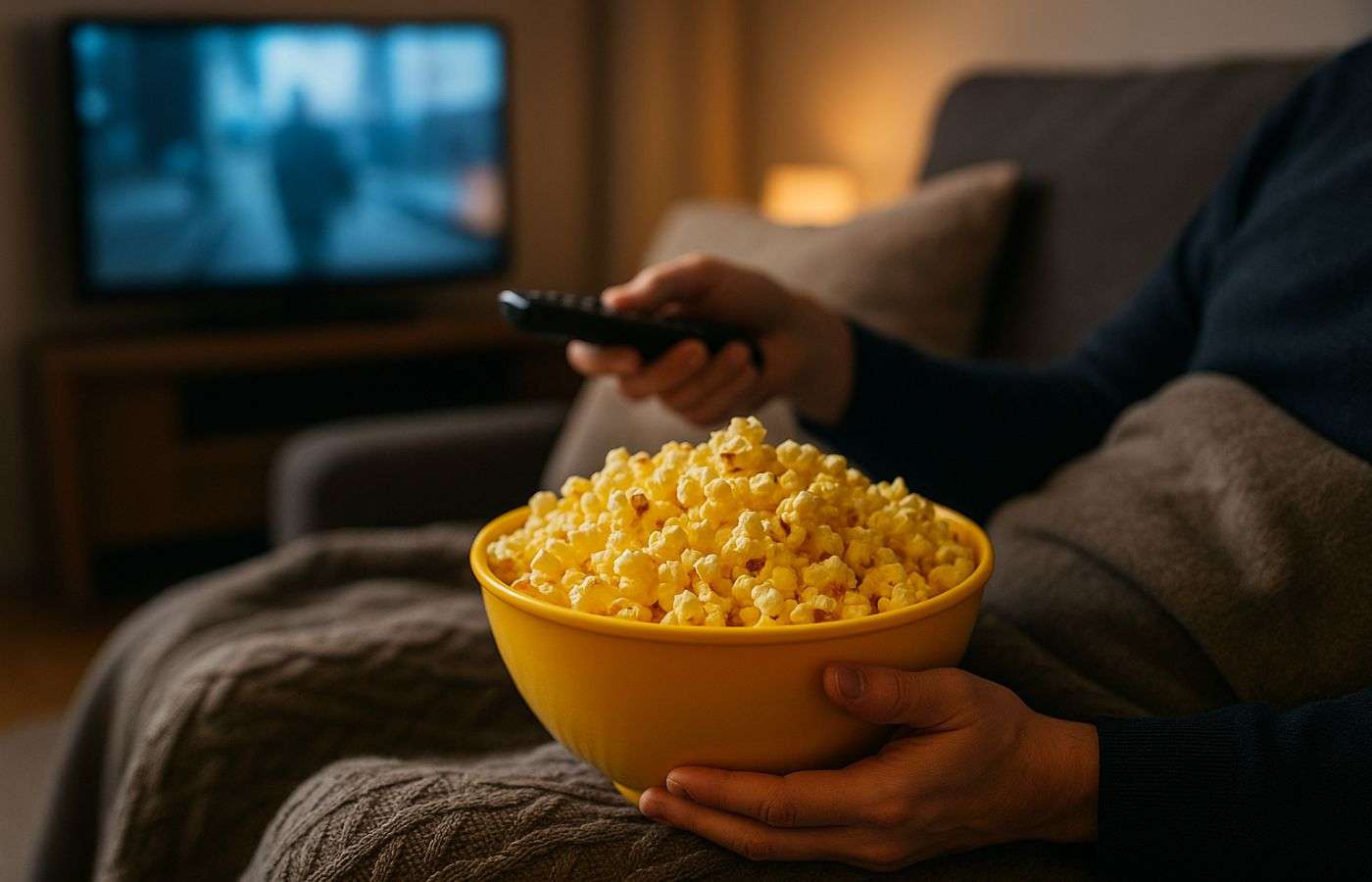 Pessoa assiste TV com tigela cheia de pipoca amarelinha no colo, destacando o segredo da pipoca de cinema em casa.