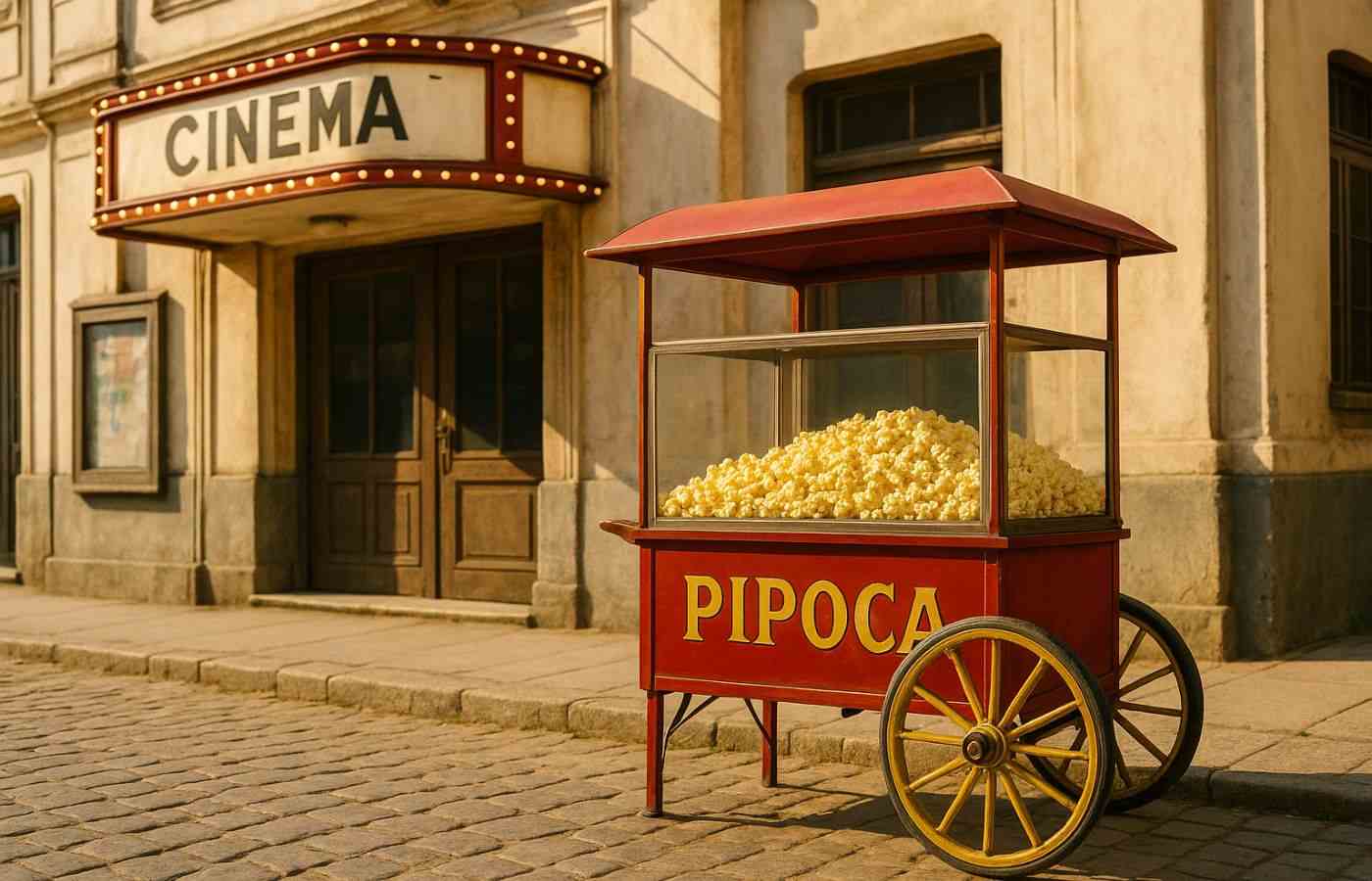 Carrinho retrô de pipoca cheio em frente a cinema antigo, remetendo ao charme e segredo da pipoca de cinema tradicional.