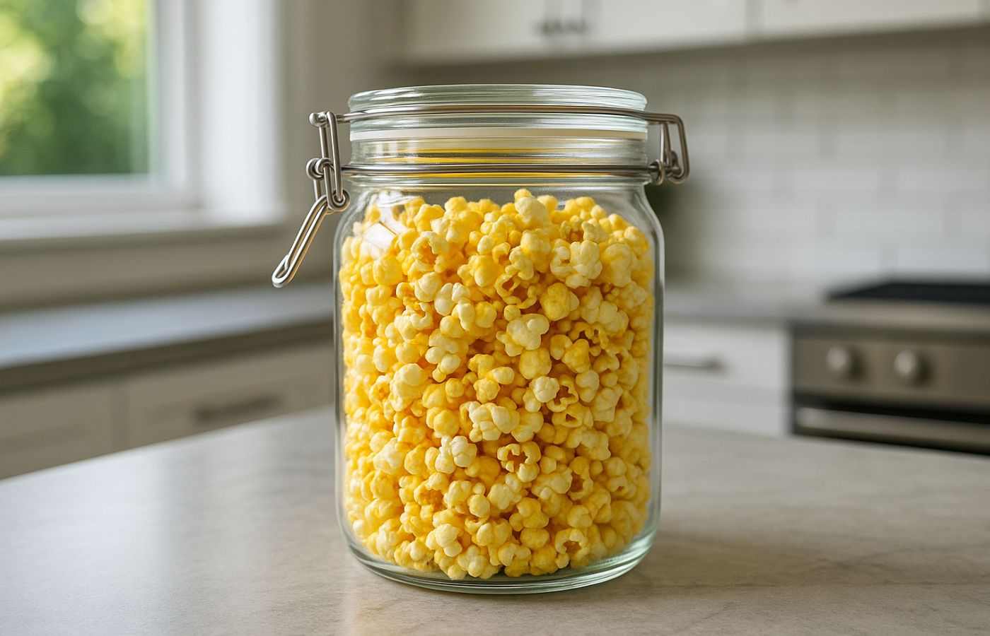 Pipoca com cor de cinema armazenada em pote de vidro hermético na cozinha, revelando o segredo da pipoca de cinema crocante.