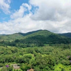 A Serra do Japi, localizada em Jundiaí - SP, exibe colinas verdes exuberantes sob um céu azul com nuvens brancas.