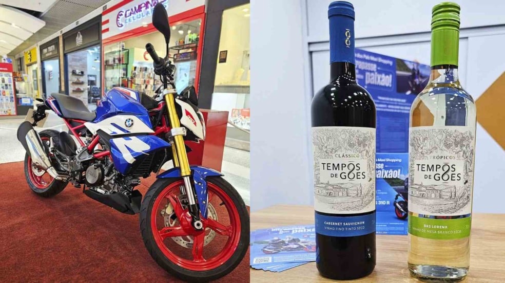 Moto à esquerda; garrafas de vinhos, à direita. Moto à esquerda; garrafas de vinhos, à direita.