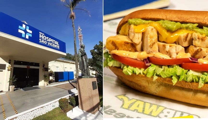 Foto da fachada do Hospital São Vicente, à esquerda; foto de lanche, à direita