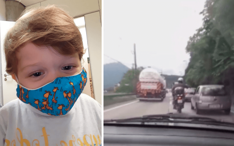 À esquerda, Heitor com máscara cirúrgica; à direita, carro é escoltado por moto da ROCAM