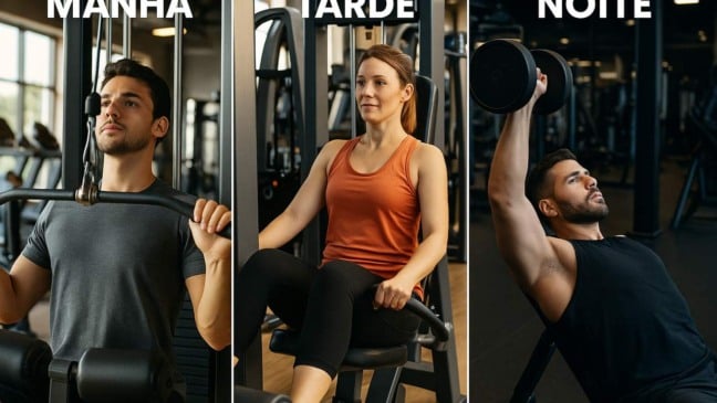 Treino na academia: manhã com homem na barra, tarde com mulher no aparelho, noite com homem com halteres.
