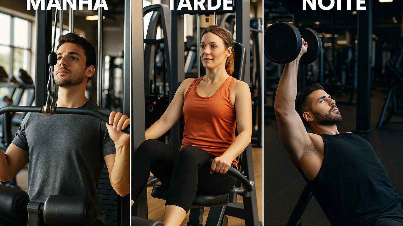 Treino na academia: manhã com homem na barra, tarde com mulher no aparelho, noite com homem com halteres.