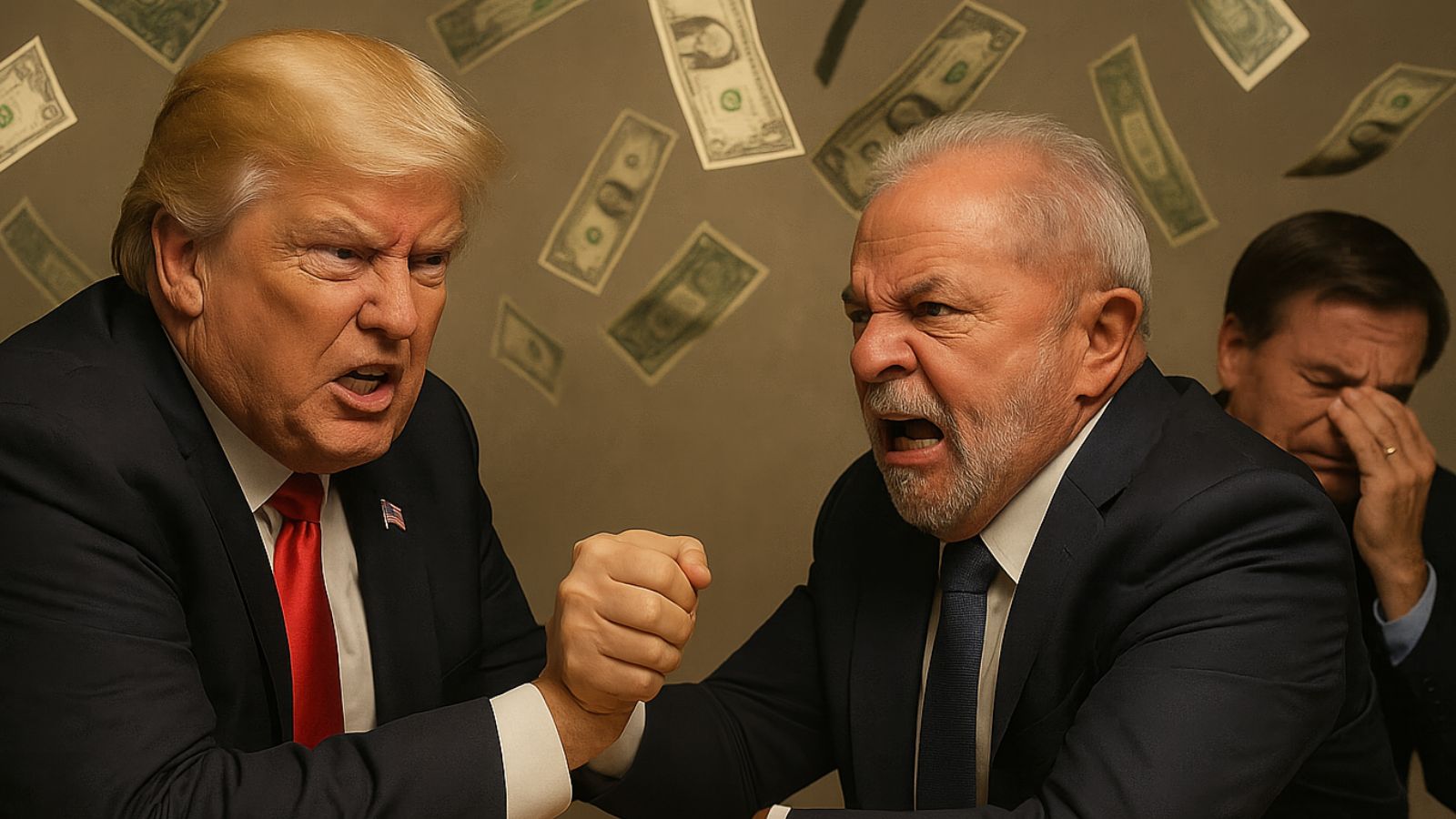 Imagem gerada por IA mostra Donald Trump e Lula brigando
