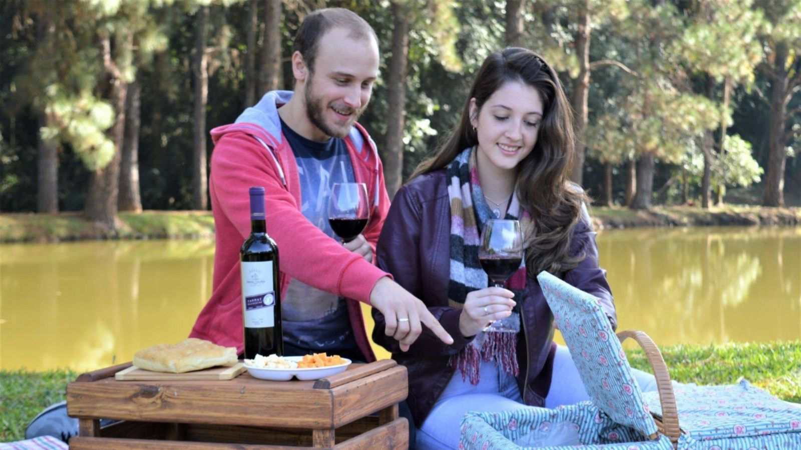 Casal em piquenique em Jundiaí brindando com vinho tinto e degustando queijos à beira de um lago.