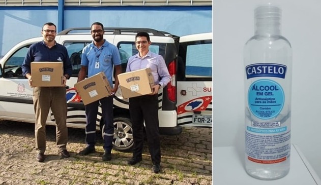 Foto de pessoas com caixa, à esquerda; foto de álcool em gel, à direita