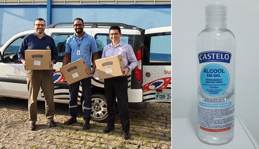 Foto de pessoas com caixa, à esquerda; foto de álcool em gel, à direita