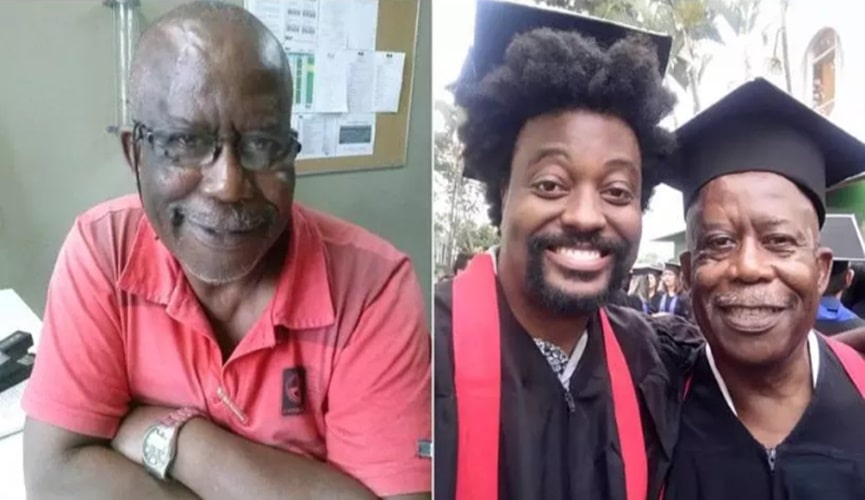 À esquerda, Seu Urias; à direita, seu Urias com o amigo vestindo beca de formatura