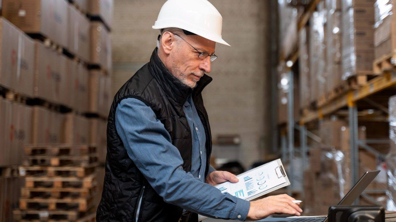 Homem maduro em parque fábril.