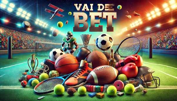 Estádio iluminado com diversos equipamentos esportivos, incluindo bolas, raquetes, tênis e troféus, e o texto "Vai de Bet".