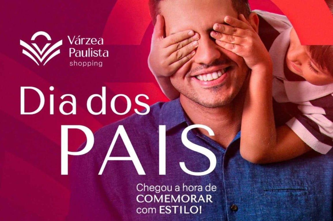 Pai sorridente sendo surpreendido pelo filho durante campanha de Dia dos Pais no Várzea Paulista Shopping