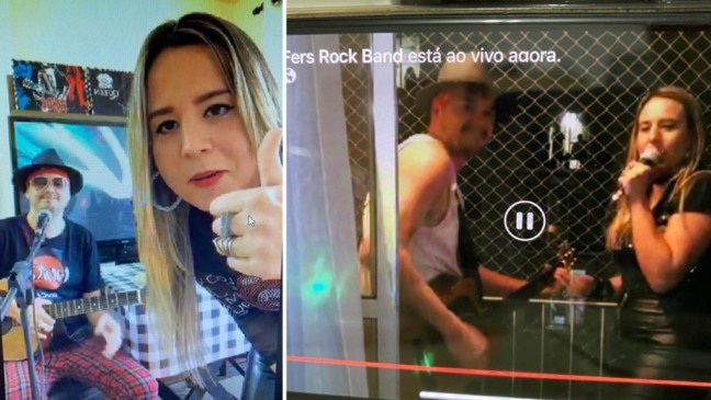 Na live, o casal Fernando Barbosa, de 47 anos, e Fernanda Venuto, 40 anos, começaram a receber pedidos: "abre a sacada", escreviam os vizinhos (Fotos: Arquivo Pessoal)