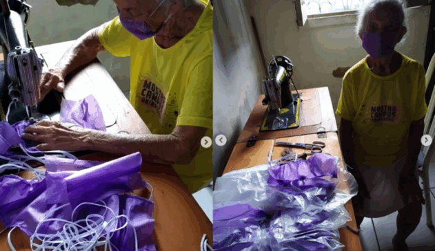 Foto de idosa costurando máscaras