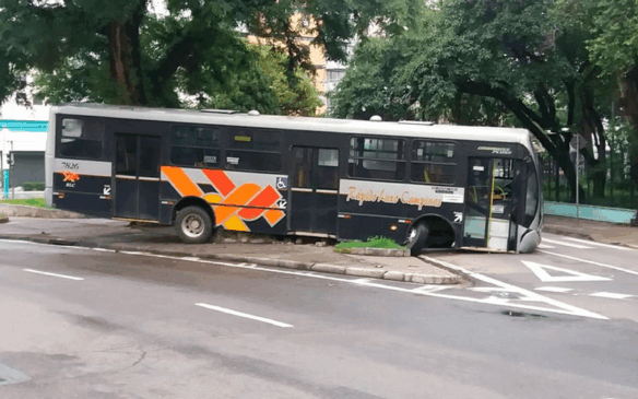 Ônibus da Rápido Luxo enroscado em canteiro