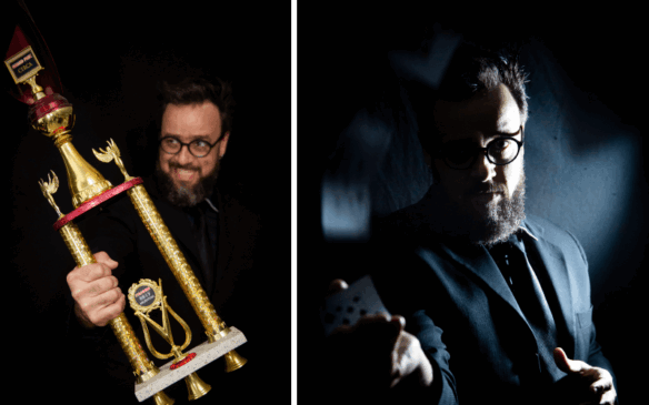 À esquerda, William Seven segura troféu; à direita, faz truque com baralho