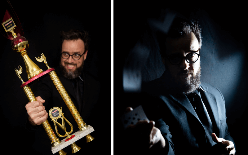 À esquerda, William Seven segura troféu; à direita, faz truque com baralho