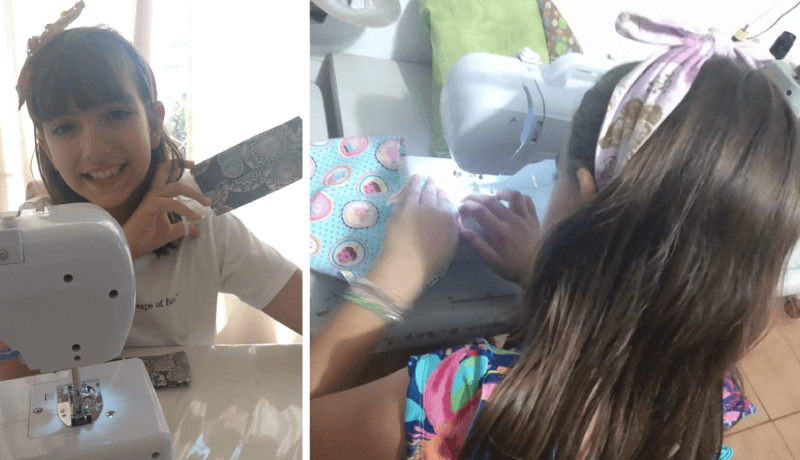 À esquerda, Maria Luisa com máscara e à direita, costurando máscara