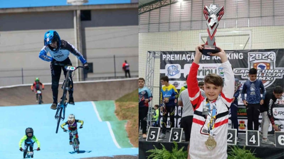 Andrey Toledo em pista e pódio de campeonato de BMX.