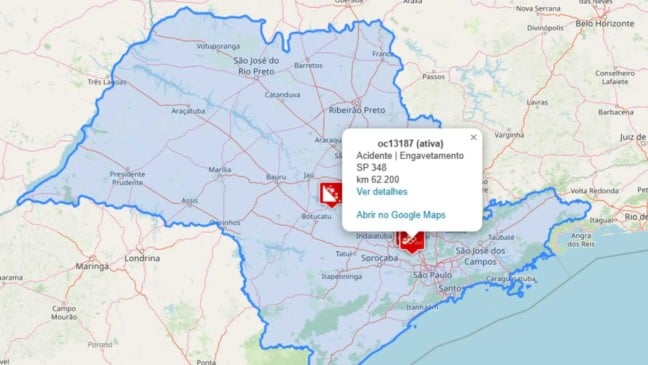 Mapa identificando acidente na Rodovia Bandeirantes.