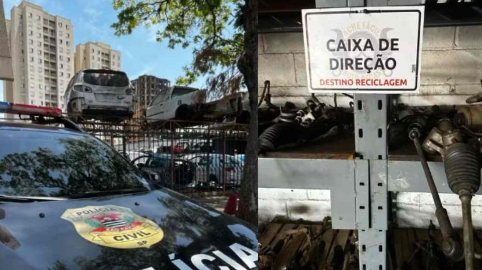 À esquerda, viatura da DIG Jundiaí após apreender peças irregulares; à direita, prateleira do comércio que vendia peças de procedência duvidosa.