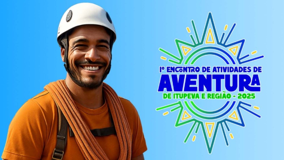 Homem equipado para esportes de aventura sorri ao lado do logotipo colorido do 1º Encontro de Atividades de Aventura de Itupeva e Região 2025. Homem equipado para esportes de aventura sorri ao lado do logotipo colorido do 1º Encontro de Atividades de Aventura de Itupeva e Região 2025.
