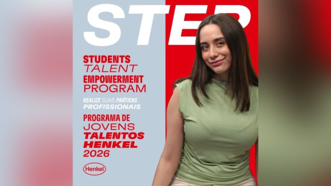 Banner do programa de estágio STEP 2026 da Henkel, com jovem mulher sorridente ao lado do texto “Students Talent Empowerment Program – Programa de Jovens Talentos Henkel 2026”.