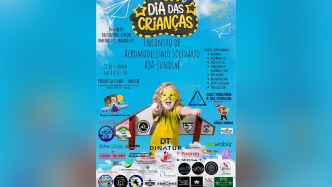 Cartaz azul do Encontro de Aeromodelismo Solidário AJA-Jundiaí – Dia das Crianças, com criança fantasiada de super-heroína sorrindo e texto destacando data, horário, local, atrações e doações solidárias em prol do Lar Transitório Nossa Senhora Aparecida.
