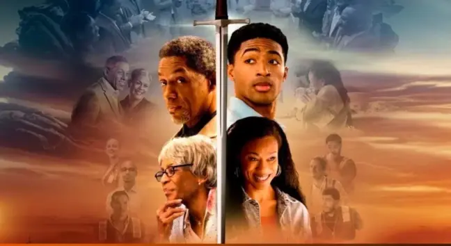 Imagem do pôster de "A Forja", mostrando uma espada central dividindo dois personagens principais, com cenas de apoio e fundo em tons de pôr do sol.