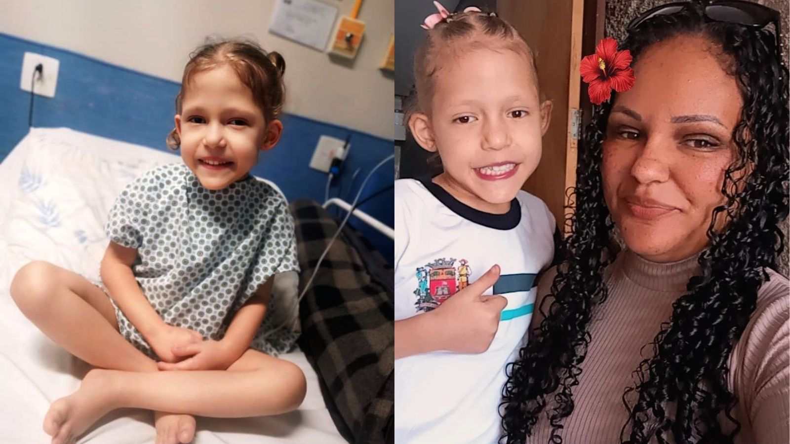 Menina de 5 anos sorrindo em leito hospitalar e, em outra foto, já recuperada, com uniforme escolar, abraçada à mãe.