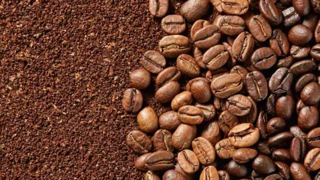 Grãos de café torrado ao lado de café moído em close-up.