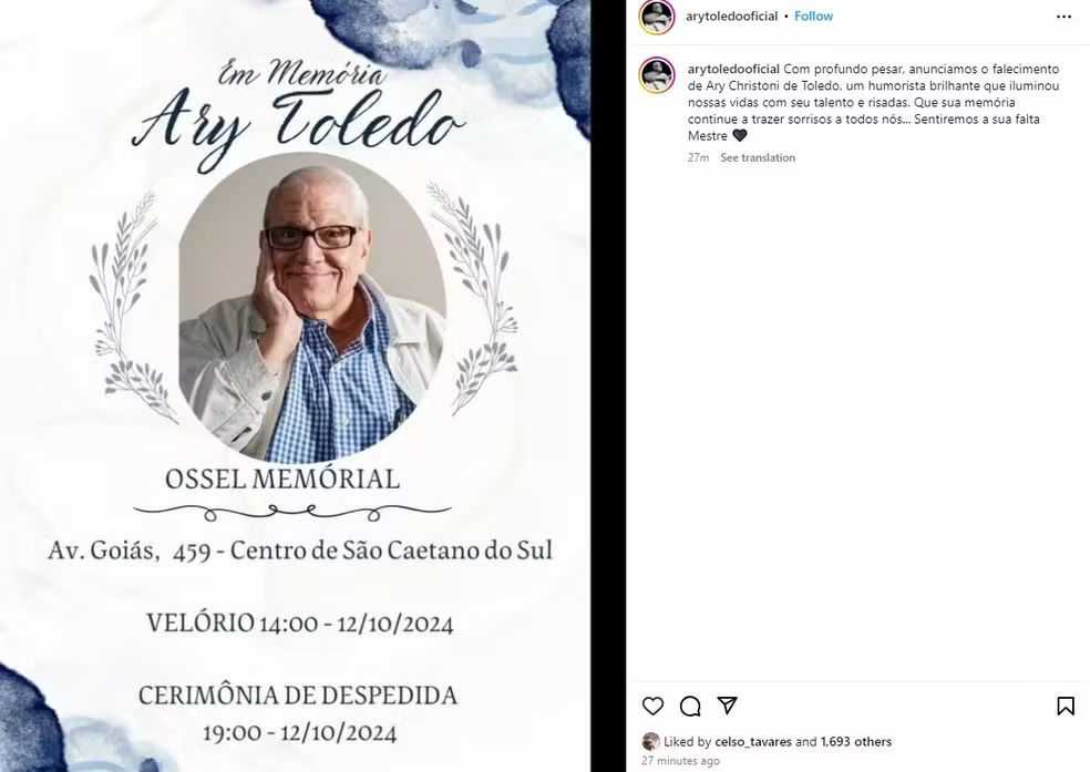 Perfil oficial de Ary Toledo confirma morte do humorista de 87 anos