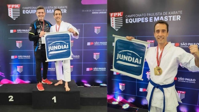 Atleta Juliano César Moreira, do Time Jundiaí de Karatê, posa com medalha de ouro e bandeira da equipe após conquistar títulos no Campeonato Paulista Master em São Paulo.