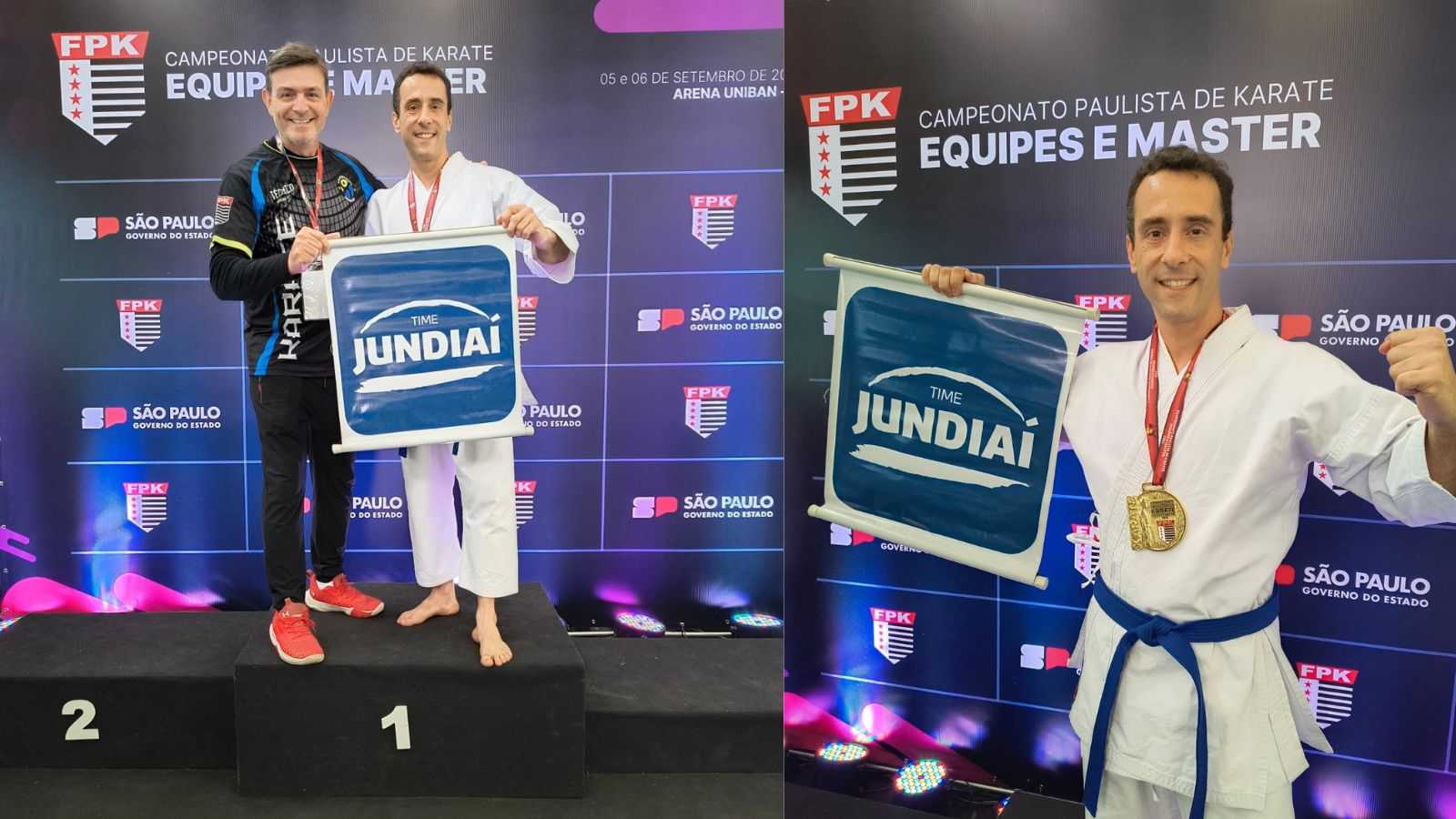 Atleta Juliano César Moreira, do Time Jundiaí de Karatê, posa com medalha de ouro e bandeira da equipe após conquistar títulos no Campeonato Paulista Master em São Paulo.