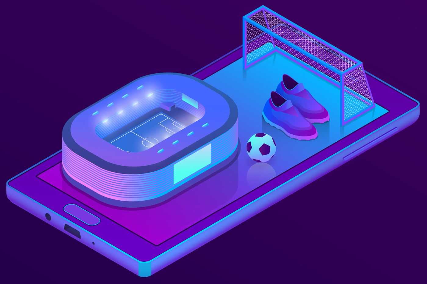 Imagem de estádio de futebol em miniatura sobre um smartphone, com uma bola, chuteiras e uma trave, representando caça-níqueis esportivos.